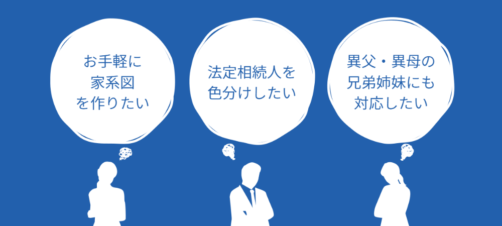 相続説明の悩み、お手軽に家系図を作りたい、法定相続人を色分けしたい、異父・異母の兄弟姉妹にも対応したい